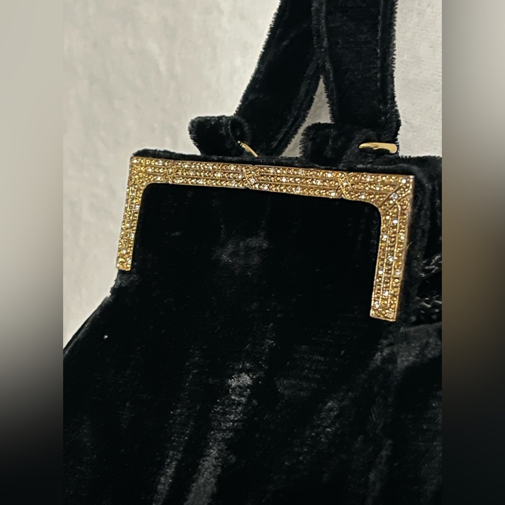 Vintage velvet black purse gold with rhinestones - Picture 4 of 9